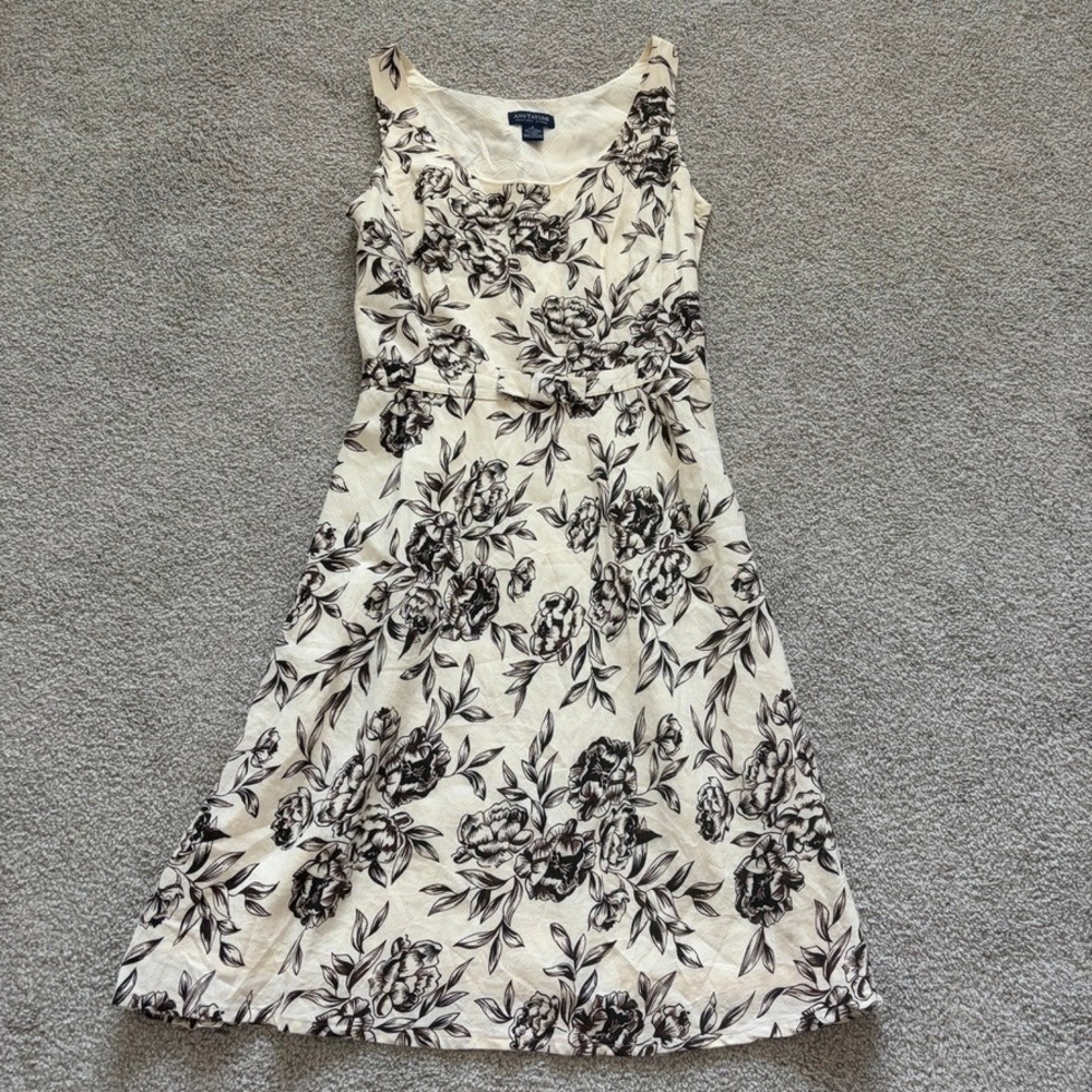 Ann Taylor Babydoll Midi Dress Womens 4 Cream Brown Floral Chic Romantic English - Picture 1 of 7